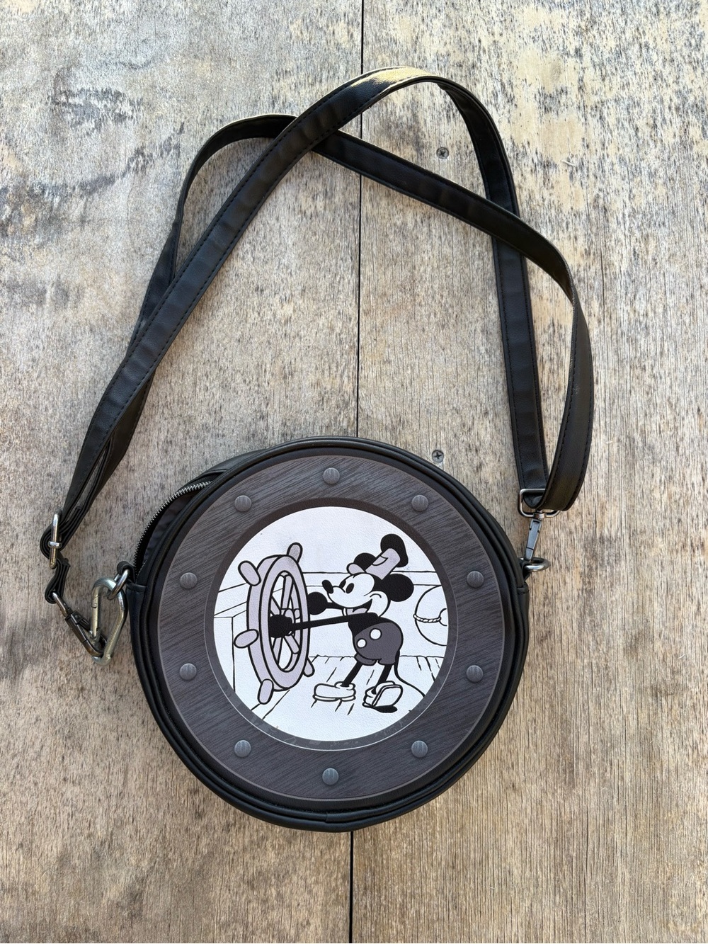 Loungefly Round Crossbody Bag with Vintage Mickey Mouse Steamboat Willie Graphic
